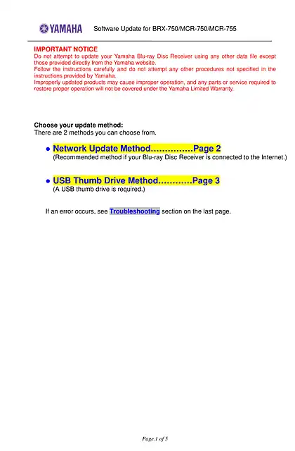 yamaha雅马哈BRX-750_MCR-750_MCR-755 Software Update Version 1.43-12-0044-0203_Installation_Manual
